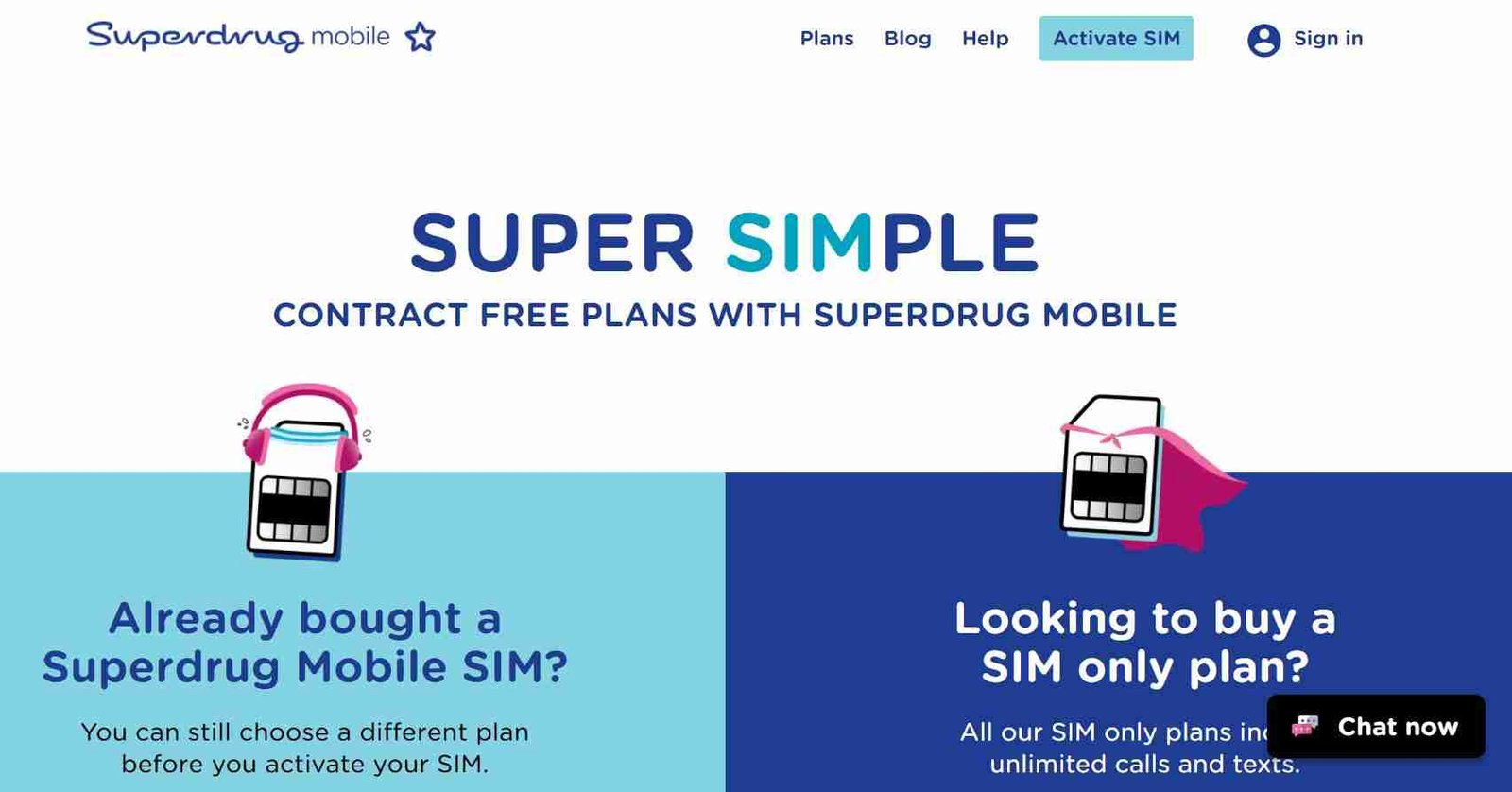 A screenshot of the Superdrug mobile UK website offering contract-free mobile plans. The image showcases two cartoon graphics of SIM cards, one highlighting the flexibility to change plans before activating a SIM and another inviting visitors